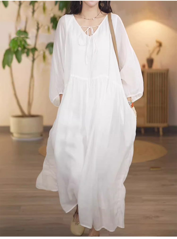 レディースファッション 綿麻ロングワンピース着用例