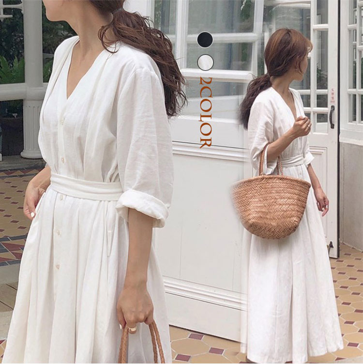 Vネックマキシワンピース 綿素材 レディース体型カバー