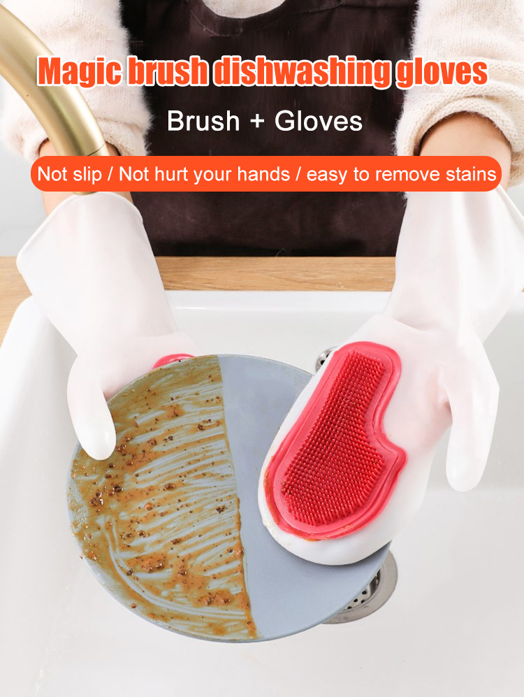 Household magic brush dishwashing gloves holding a plate